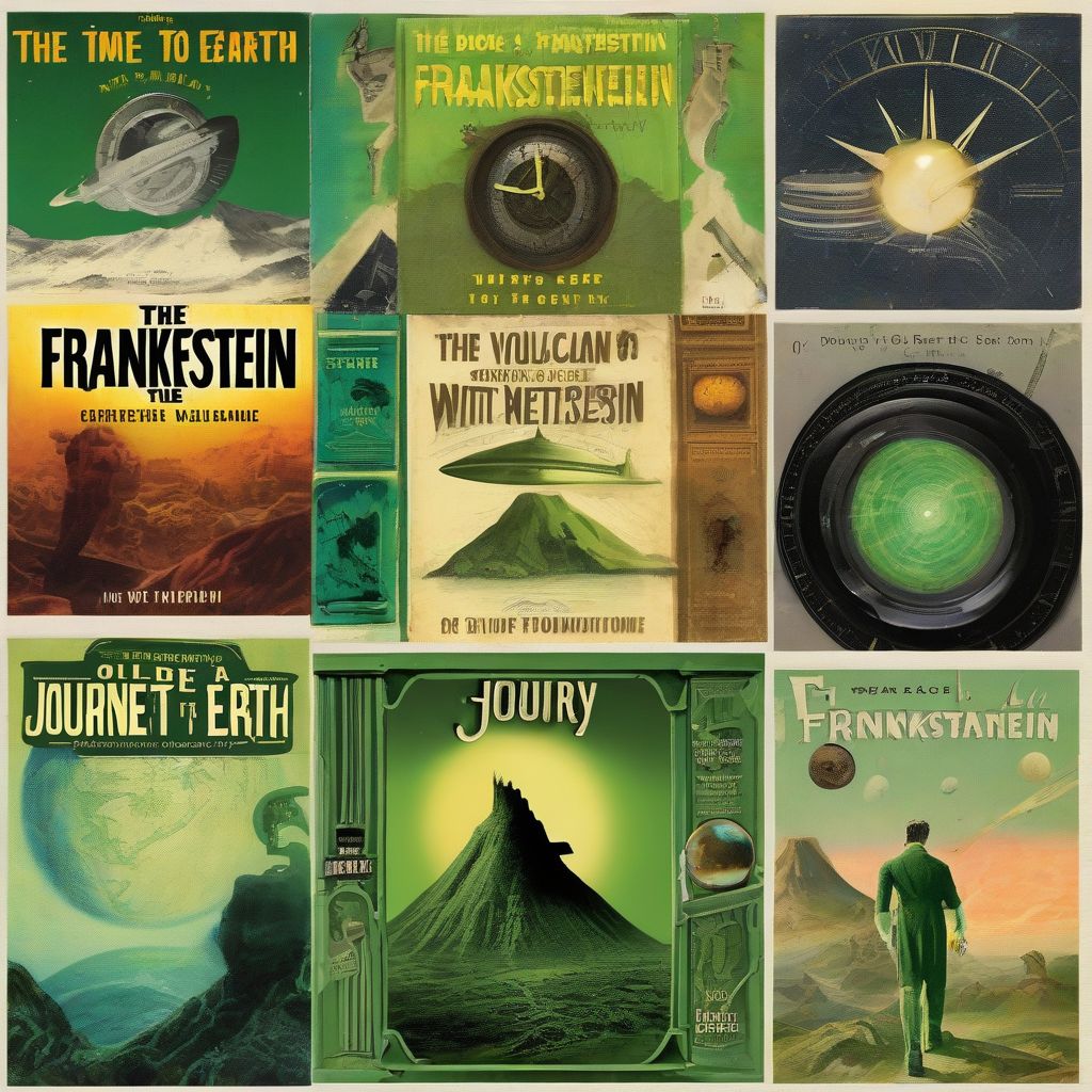 A collage of book covers featuring pioneering science fiction novels, with a focus on &quot;Frankenstein,&quot; &quot;The Time Machine,&quot; &quot;Journey to the Center of the Earth,&quot; and &quot;Foundation&quot;